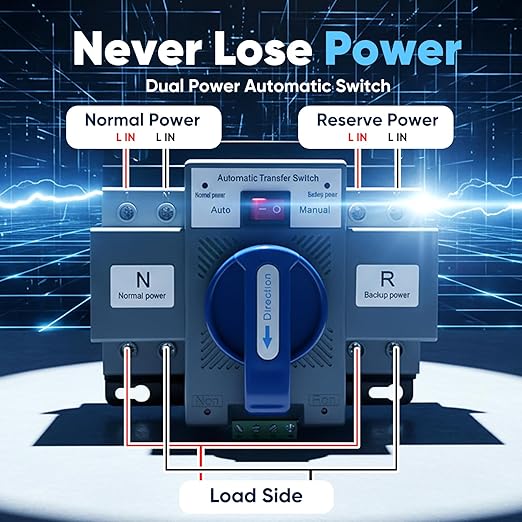 110V Automatic Transfer Switch, 2P 63A ATS Generator Changeover, 50/60Hz Dual-Power Changeover with Auto/Manual Modes, ~2s Transfer, Rotary Type, Clamp Terminals, CE Certified