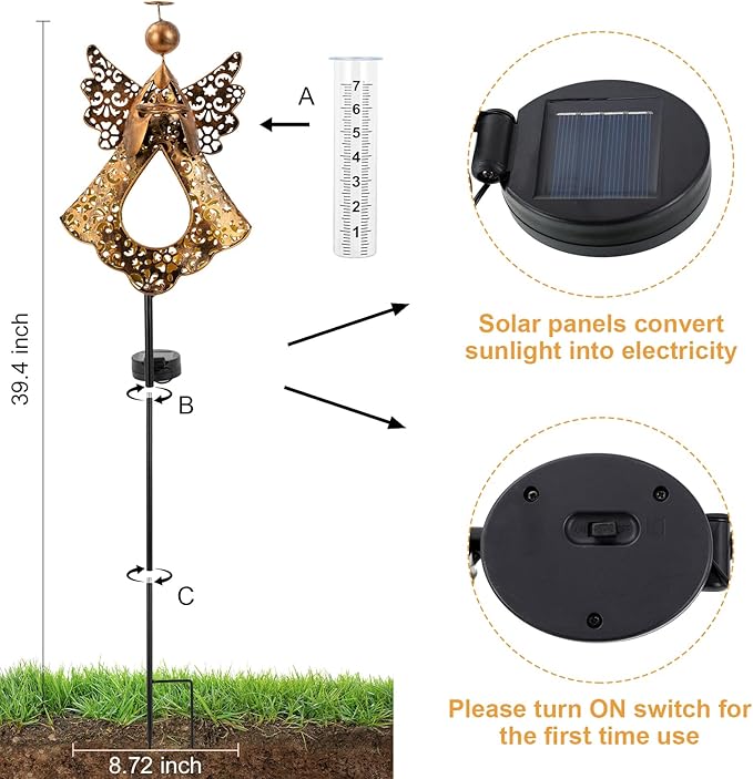 Solar Rain Gauge Outdoor,Decorative Angel Rain Gauges Outdoors Best Rated,Large Plastic Tube Freeze Proof Water Gauge for Yard Patio Lawn Garden Decor Gift for Women Measuring Precipitation