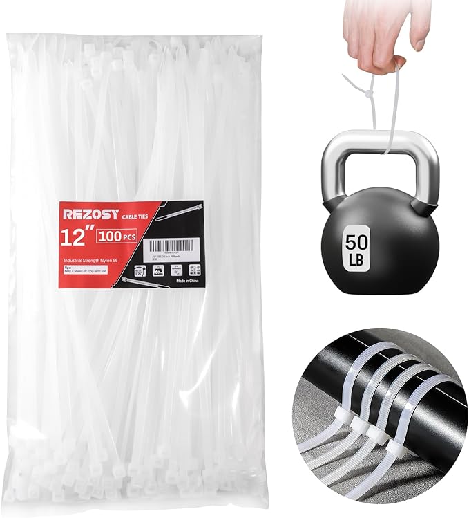 White Zip Ties 12 Inch 100 Pack Clear Tensile Strength 50 lbs UV Resistant Industrial Cable Ties Self Locking Zipties Wire Ties Wrap Indoor Outdoor Use for Fence Garage Camping