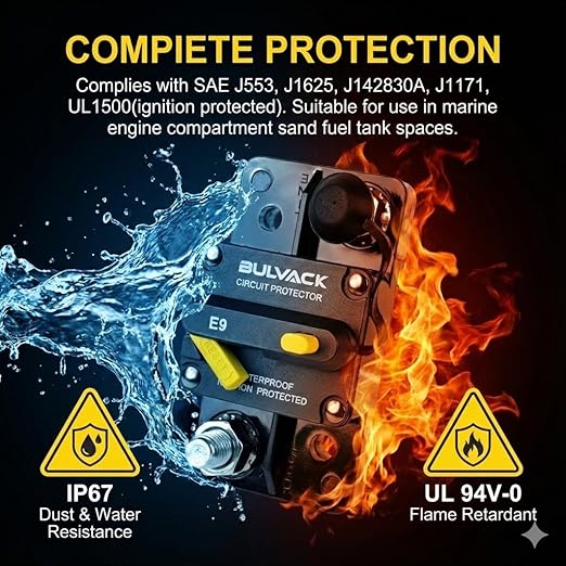 E9 3/8" Studs 200 Amp Circuit Breaker with Manual Reset | 12V - 48V DC | Waterproof IP67 Switchable 200A - Extended Surface Mount