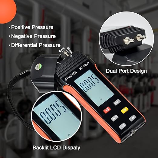 BTMETER Manometer HVAC Gas Pressure Tester 189A, Dual-Port Air Pressure Meter Gauge with Hose Kit Measure Static Pressure Differential Gas Pressure for Furnace Water Column