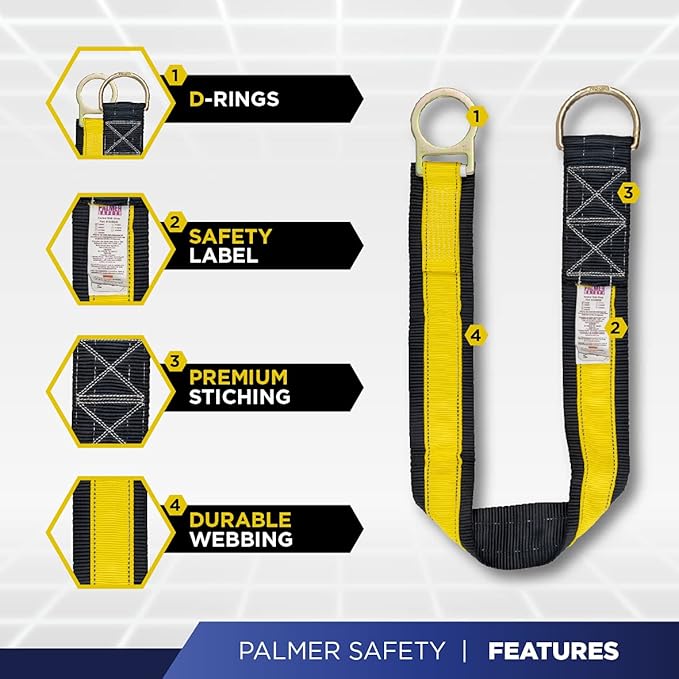 Palmer Safety 3-Pack 6 Ft Cross Arm Strap, 3" Wide Beam Straps Choker w/Large & Small D-Ring, ANSI OSHA Anchorage Sling Fall Protection Lanyard
