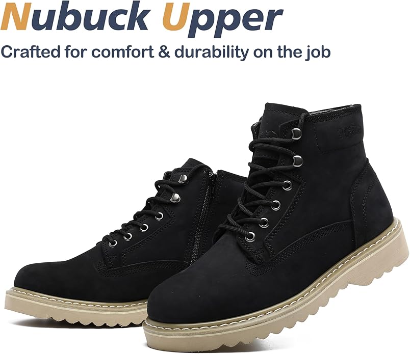 Side Zipper Soft Toe Work Boots for Men 6" with Welt Construction, Lightweight Utility Nubuck Leather Shoes, Featuring Speed Hooks, Slip & Water Resistant Mens Ankle Workboots