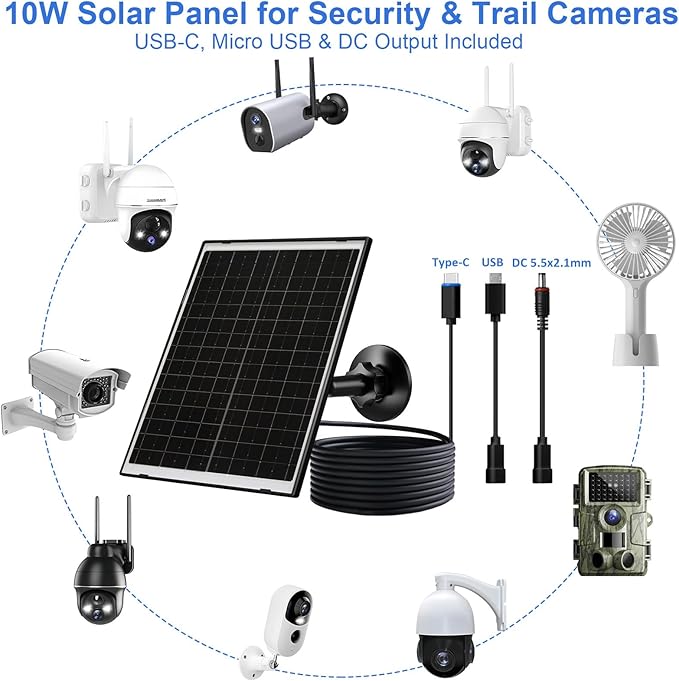 FUTUREZEN 10W Solar Panel for Security Camera, Trail Camera, Type-C Device, Solar Charger with USB-C, Micro USB & DC 5.5x2.1mm Port, IP66 Waterproof, Adjustable Mount, 7.2FT Cable, 2 Pack