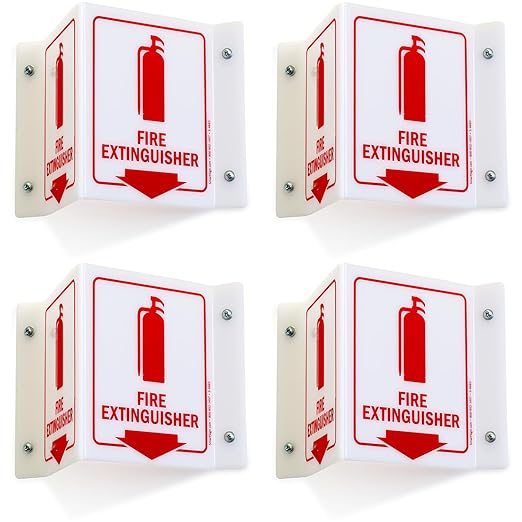 SmartSign (4-Pack) Fire Extinguisher Projecting Sign - 5" x 6", Two-Sided Wall Mount Polished Acrylic Corridor V-Sign with Down Arrow, Red on White