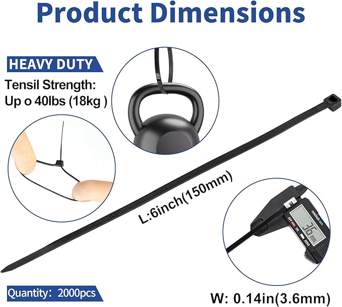 2000pcs Cable Ties Black, 6 inch Zip Ties, 40lbs Multi-Purpose Self-Locking Nylon Small Cable Management, UV Resistant Wire Ties, Plastic Ties for Home, Garage, Garden, Office, Workshop