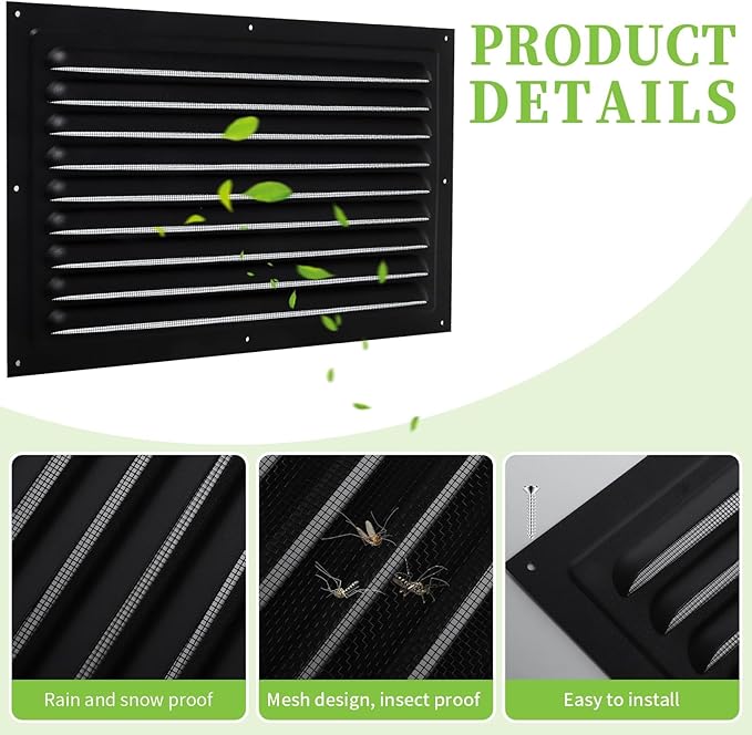 2 Pcs Attic Vent 8" X 12" Metal Shed Vents Louver Vent Grille Gable Vents with Screen Mesh for Indoor Outdoor Garage Attic Ceiling, Boost Ventilation and Guard Against Moisture (Black)
