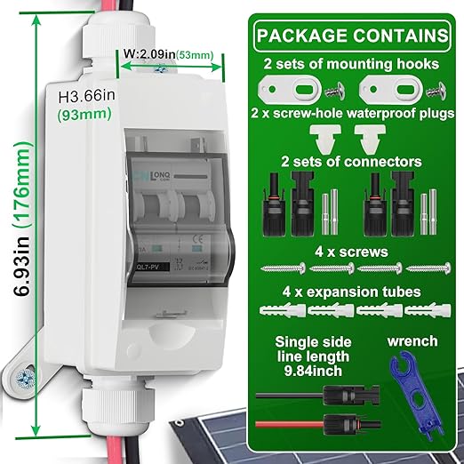 Solar Disconnect Switch 63A DC1000V Circuit Breaker 2P with PV Connector and IP65 Small Breaker Box and Wall Hooks for Outdoor PV Stystem, Battery, PV Array MCB