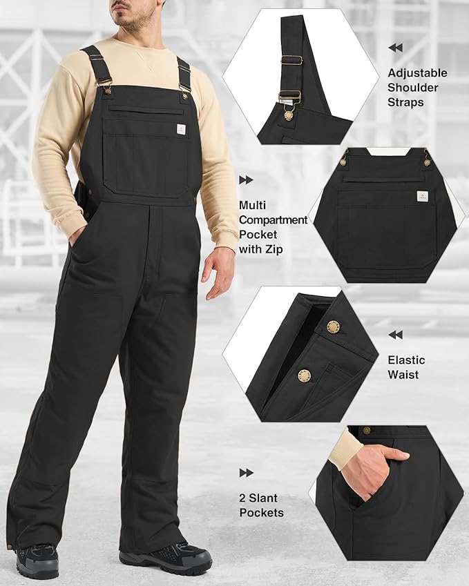 HISEA Insulated Bib Overalls for Men, Winter Water Resistant Duck Canvas Overall, Loose Fit Utility Workwear for Cold Weather