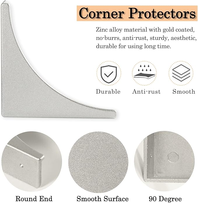 Metal Corner Guard for Furniture Decorative Table Corner Protectors 2.56'' Box Corner Cover Rustproof Zinc Alloy Desk Edge Corner Brackets with Matching Nails (Silver 4Pcs)