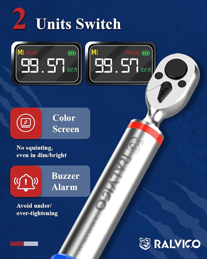 Digital Torque Wrench 3/8 Drive (5.02-99.57 Ft. Lb/ 6.8-135 N.m) ±2% Accuracy Dual-Direction Adjustable Torque Wrenches Digital with Vibration, Buzzer and LED Alert for Motorcycle, Car