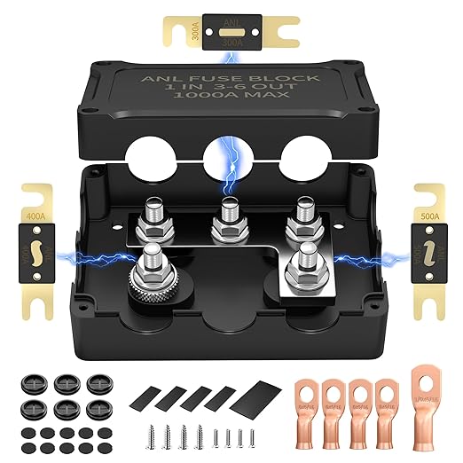 ANL Fuse Holder with 300A, 400A, 500A Fuses, Max 1000A Waterproof Marine Fuse Block, 1 in 3-6 Out, 4 x 5/16" M8 Studs Heavy Duty Dual Fuse Holder for Automotive, Boat, RV, Truck