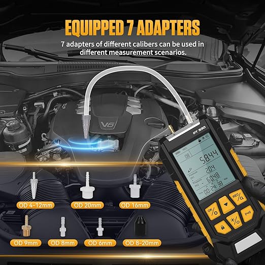 PT530 Manometer Gas Pressure Tester,HVAC Dual-Port High-Pressure Manometer Range of -100 to 300 KPa, 10 Units, Data Lock & Storage with Magnetic Back, Backlit Display,7 Adapters.