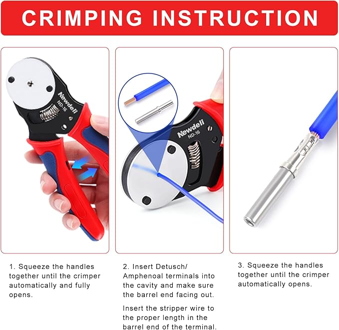 Newdeli Deutsch Crimp Tool Size 16 Deutsch Connector Tool 4 Way Indent 8 Impression Type Closed Barrel Crimper 14 16 18 AWG Solid Barrel Contact & Circular Connector Contacts Pin Crimping Tool