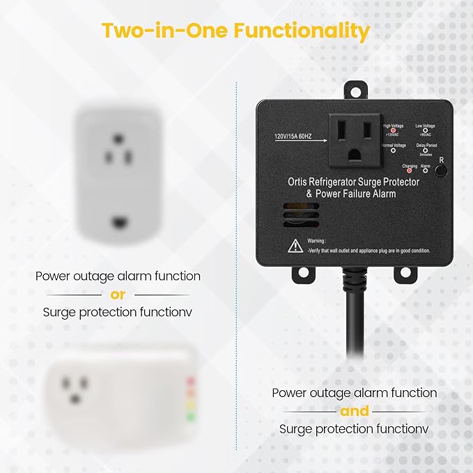 Ortis Refrigerator Surge Protector & Power Failure Alarm, Protects Against Voltage Abnormalities, with LED Indicator Light & 110dB Alarm, Ideal for Refrigerators, Freezers, and Sewage, Black