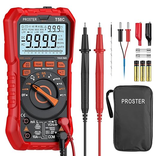 Proster Digital Multimeter Tester True RMS 9999 Counts - Auto Ranging Multimeter, AC DC Voltage Current Meter with NCV Inductance Backlight Temperature Capacitance Test Meter Electrical