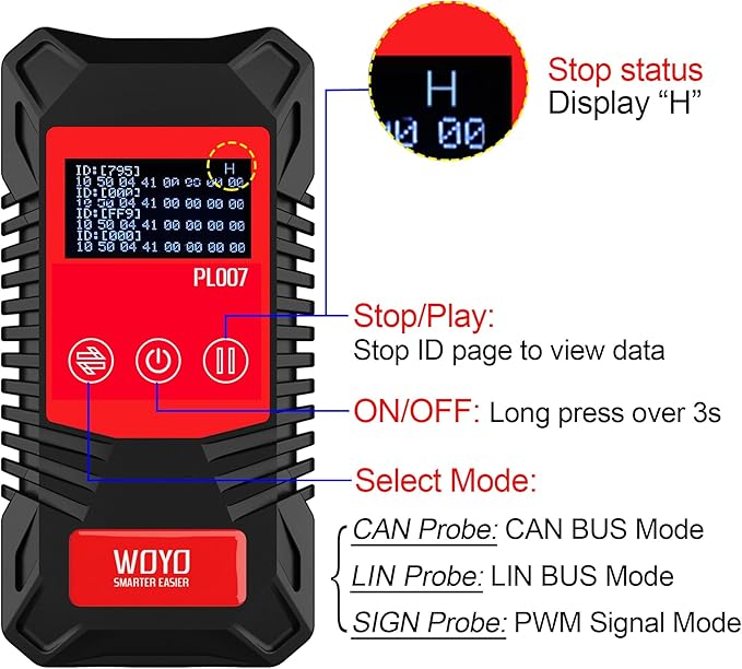 CAN LIN PWM Tester, WOYO PL007 CAN Bus Analyzer for Automotive Diagnostic Tool, Auto-Recognize CAN-H & CAN-L, CAN Range 50-1000kbps, PWM Signal Detector on Bench, LIN Bus Baud Range 2400-19200bps