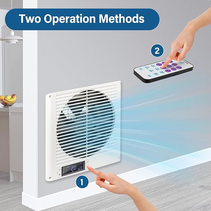 20W 8” Room to Room Fan 10-Speed RC Two-Way Reversible Airflow Through Wall with Temperature and Timer Setting In-Wall Vent Fan