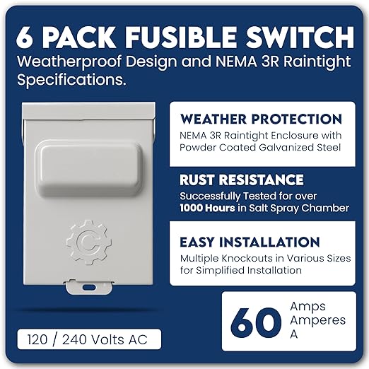 6-Pack 60 Amp Pullout FUSIBLE Disconnect Switch, 240V NEMA 3R Raintight Outdoor Metallic Enclosure for HVAC Systems, UL Certified, Single Phase Two Wire, 6W-PDS-F60A (60A Fusible)(fuses NOT Included)