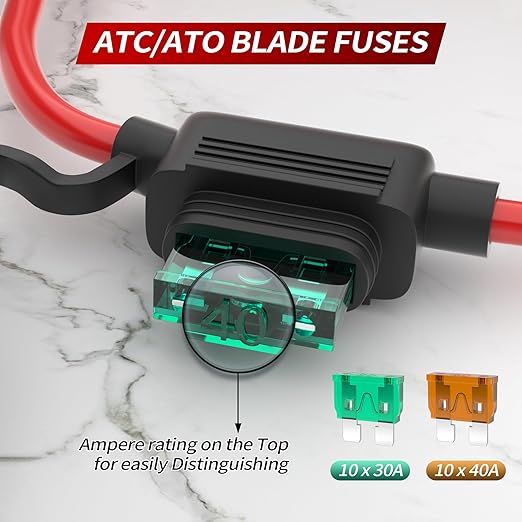DaierTek 12 AWG Inline Fuse Holder 12V, ATO/ATC in Line Fuse Holder 12 Volt Waterproof with 30 Amp & 40 Amp Medium Blade Fuse for Marine Car Automotive- 10pcs