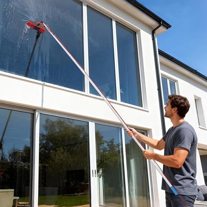 Solar Panel Cleaning Kit, Window Cleaning System 13.12FT, 65.62ft Water Pipe & Rotating BrushHead, Washing Equipment Window Cleaner Tool Water Fed Pole Kit for Roof Caravan Solar Panel