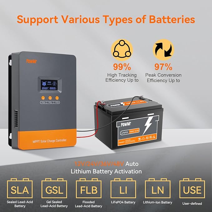 PowMr 80A Solar Charge Controller MPPT 12V 24V 36V 48V Auto, 80amp Solar Charge Regulator Max 160V w/LCD Display Work with AGM, Gel, Flooded and Lithium, Support Parallel up to 12 Units