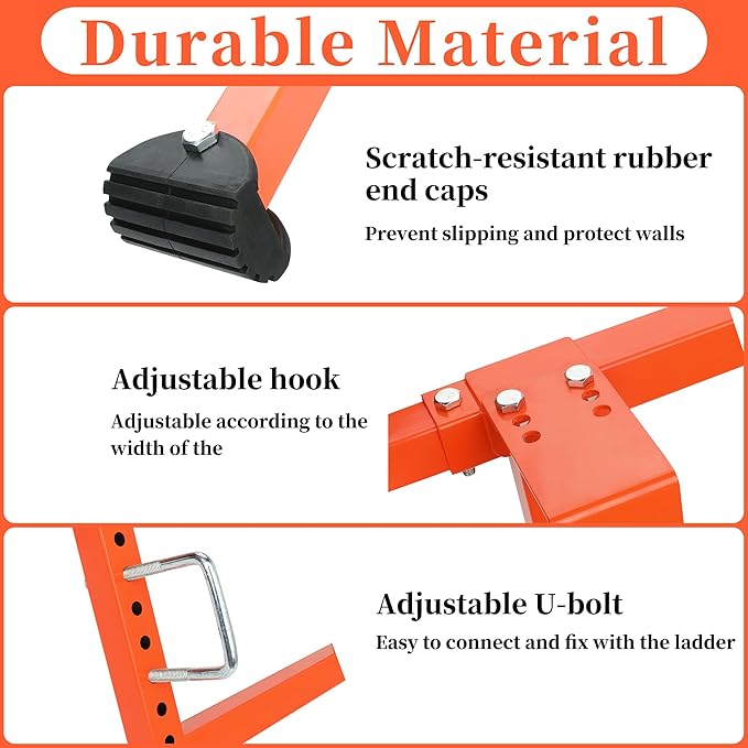 Ladder stabilizer, Extended Ladder Standoff Stabilizer Accessory for Roof Gutter＆Wall, Ladder Roof Stabilizer Heavy Duty Steel with Non-Slip Rubber Bottom pad, Orange, 7.4lb