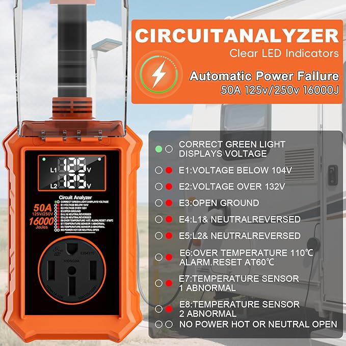 Rv Surge Protectors 50 Amp,16000 Joules Rv Circuit Analyzer with Waterproof Cover Safety Certification Led Display,Rv Voltage Protector for Camper, Travel Trailers (Orange, 50A)