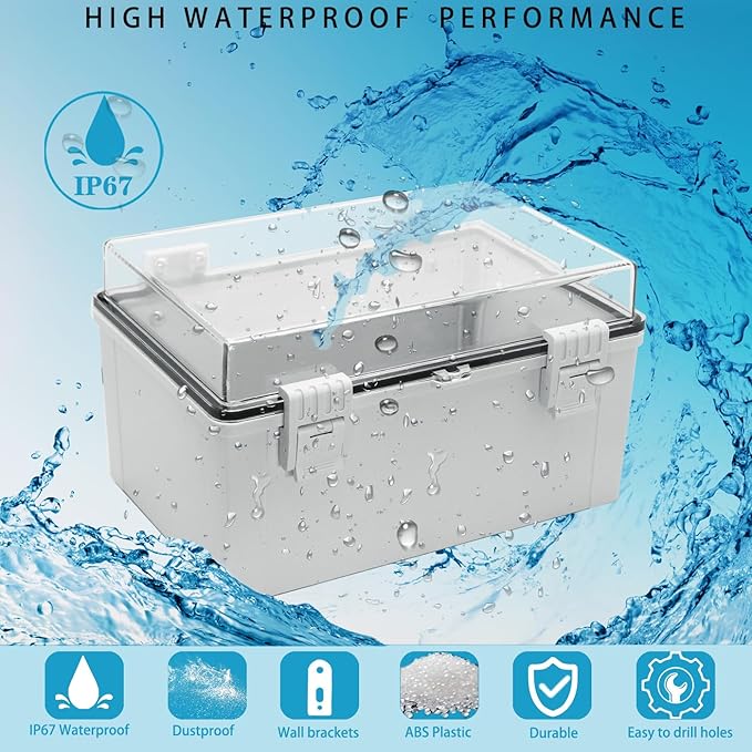 Waterproof Electrical Box Dustproof Junction Box Weatherproof IP67 ABS Plastic Enclosure Switch Router Project Box with Mounting Plate with Wall Bracket 2 Cable Glands Clear 11.8"x7.9"x6.7"