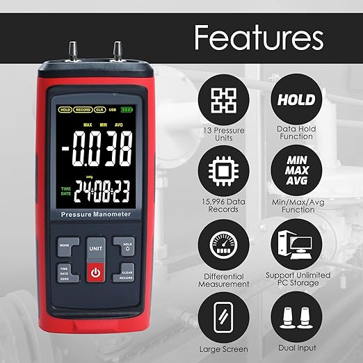 Manometer Data Logger, Dual-Port Digital Manometer Gas Pressure Tester Support PC Data Records, 13 Selectable Units Differential Pressure Gauge Manometer HVAC with Large LCD Screen