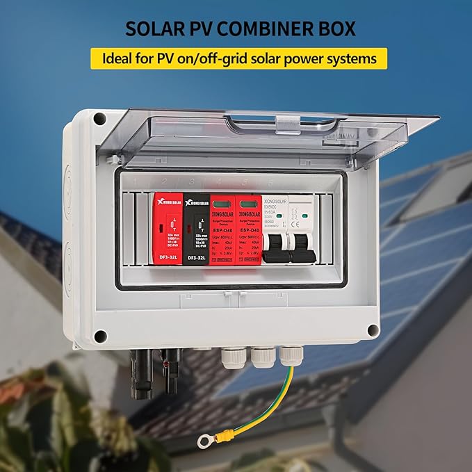 VOU 600V Solar DC PV Combiner Box for Solar Panel,1 String with Lightning Arrester Connector for On/Off Grid Solar Panel System,1 Input 1 Out 15A Rated Current Fuse,63A Circuit Breaker,Waterproof