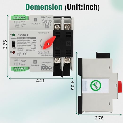 Automatic/Manual Transfer Switch 100Amp 110v 2POLE, Mini ATS AC 110V 50/60HZ, W2R Solar Auto Dual Power Transfer Switch for Home Generator, DIN Rail Mounted Controller, RV,Public/Backup Power