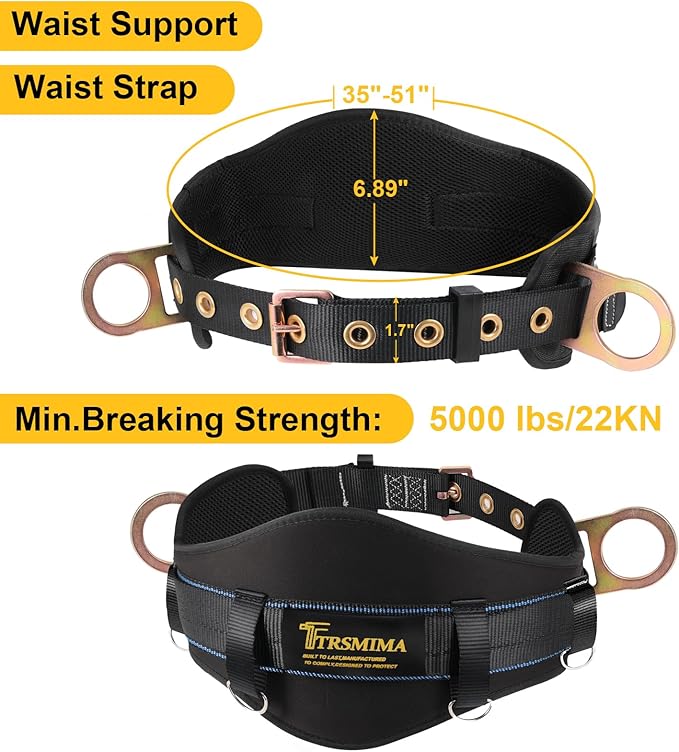 TRSMIMA Safety Harness Climbing Belt - Black Body Fall Protection Men Roof Tree Work Waist-Tongue Buckle Pad D-Ring