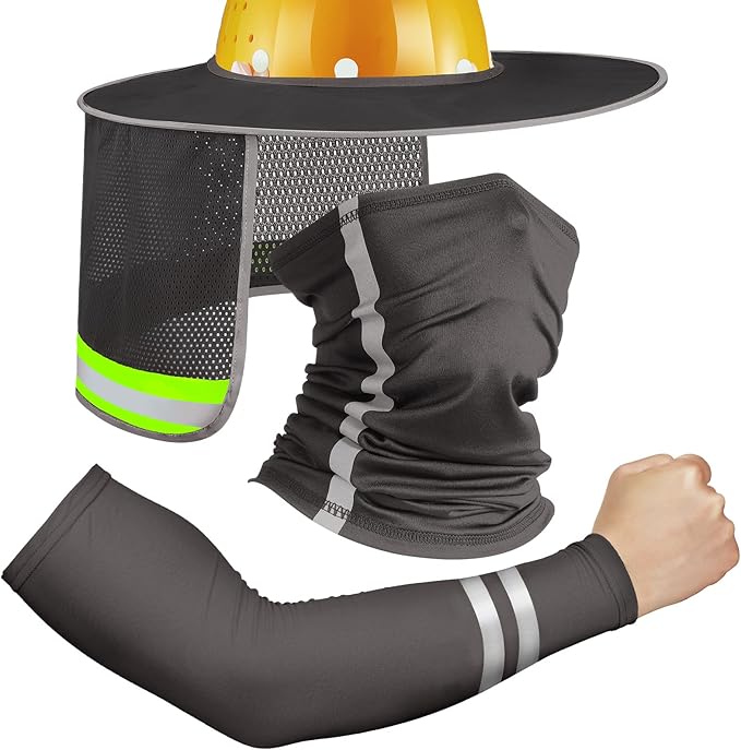 SATINIOR 3 Pcs Sun Hard Hat Neck Protection High Visibility Full Brim Mesh Sun Protection Bandana Headband Arm Sleeves with Reflective Strap for Construction Helmet Hard Hat(Dark Gray)