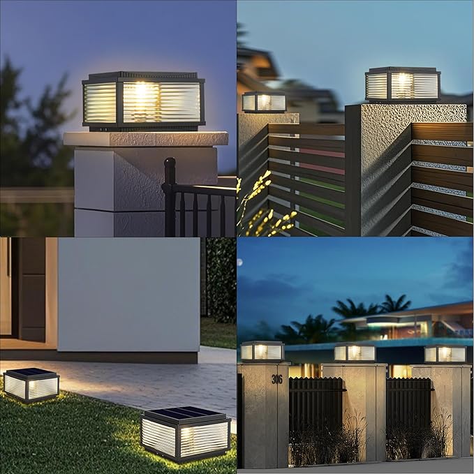 Outdoor Solar Column Lights Modern Tri Color Dimming Solar Post Cap Lights IP65 Waterproof Fence Deck Column Cap Light External Post Lights Aluminum Pillar Light Landscape Lighting Fixture