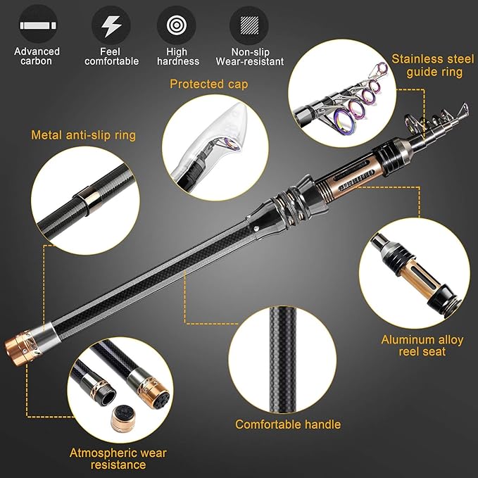 BlueFire Fishing Rod Kit, Carbon Fiber Telescopic Fishing Pole and Reel Combo with Spinning Reel, Line, Lure, Hooks and Carrier Bag, Fishing Gear Set for Beginner Adults Saltwater Freshwater