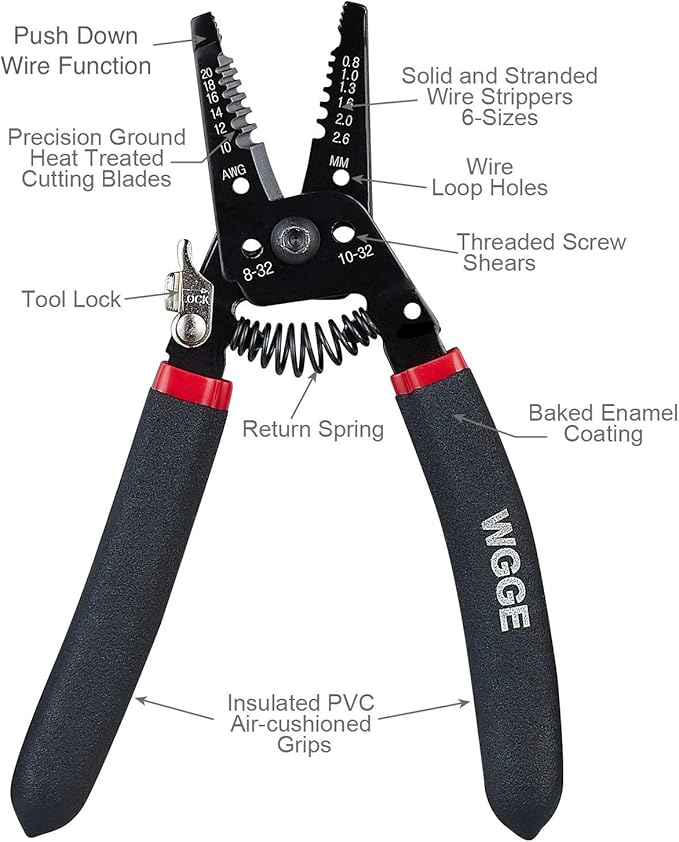 WGGE WG-013 Wire Stripper and Cutter 7'',Cuts, strips wire and loops 10-20 AWG Solid and (0.8-2.6mm) Stranded