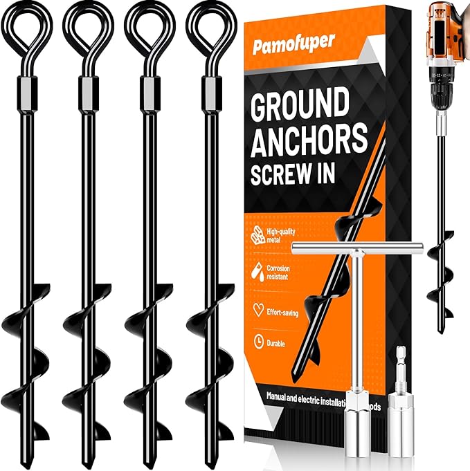 Ground Anchors Screw in Trampoline Anchors Heavy Duty Ground Anchors,Tent Stakes for Camping Tent, Trampoline, Canopies, Carports, Sheds, Swing Sets, Black Anti-Rust Coating for High Wind (4 X 14)