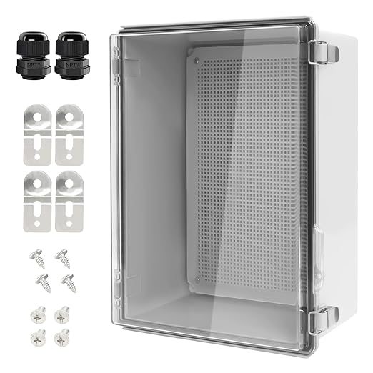 LeMotech Electrical Box, IP67 Waterproof Hinged Clear Cover Stainless Steel Latch Junction Box, ABS Plastic Electrical Enclosure with Mounting Plate,Wall Brackets, Cable Glands,15.7"x11.8"x7.0",Grey
