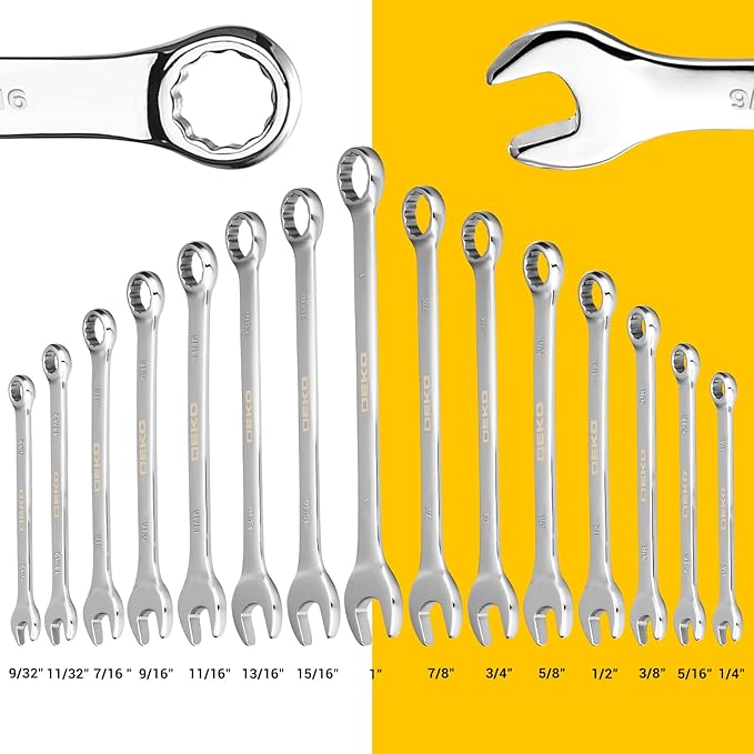DEKOPRO Combination Wrench Set, SAE, 15-piece, 1/4'' to 1'', 12-Point, Chrome Vanadium Steel, with Plastic Tray