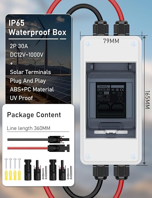 DIHOOL DC 1000V Circuit Breaker, Non Polarized, 30 Amp, 2 Pole, AC DC Disconnect Switch Box Outdoor, Battery Cutoff Isolator, PV Array MCB
