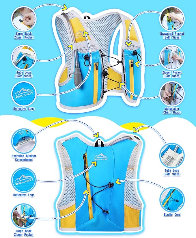 Kids Hydration Backpack with Water Bladder, USA Original Patent, Adjustable Reflective Running Vest with 8 Pockets, Lightweight Kids Hiking Backpack for Boys & Girls