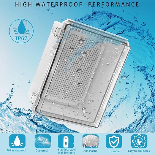 Outdoor Waterproof Electrical Box Junction Box Weatherproof IP67 ABS Plastic Enclosure Switch Router Project Box Electronics Enclosure with Mounting Plate Wall Bracket Clear 8.7"x6.7"x4.3"