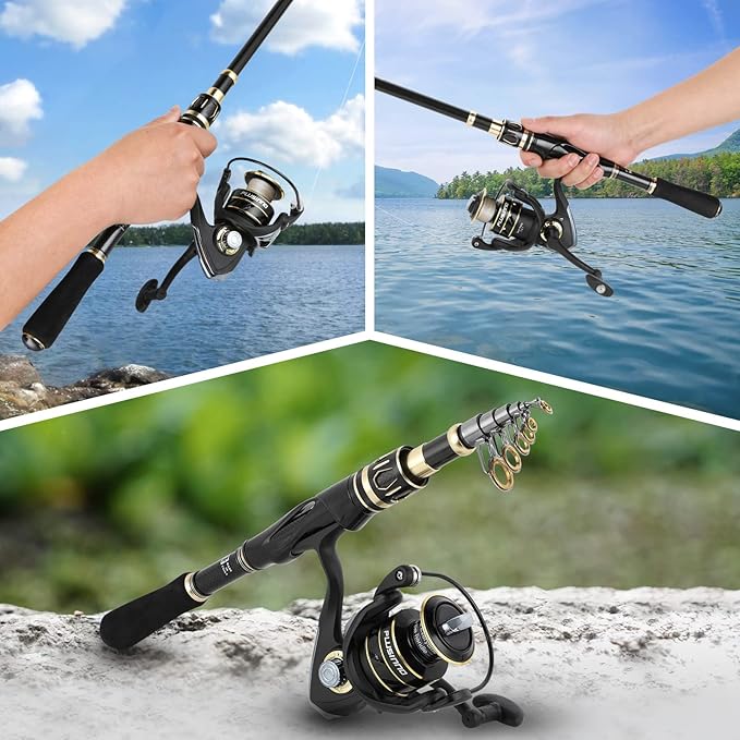 PLUSINNO Fishing Rod and Reel Combos Set,Telescopic Fishing Pole with Spinning Reels, Carbon Fiber Fishing Rod for Travel Saltwater Freshwater Fishing