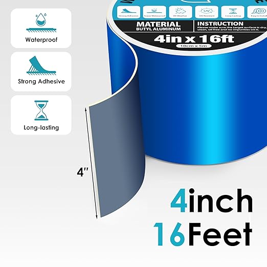Blue Waterproof Tape for Pools, 4" x 16ft, Heavy Duty Strong Adhesive Pool Cover Tape for Roof Leak Repair, RV Roof, Pipe Sealing, Awning, HVAC, Marine