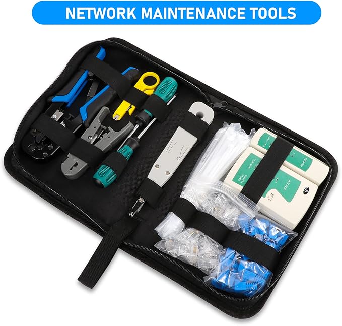 RJ45 Crimp Tool Kit for Cat5 Cat5e Cat6, Ethernet Crimper Toolkit with a RJ45 Crimping Tool, RJ45 Cat5 Connectors, RJ45 Connector Covers, Network Cable Tester, Pack of 10