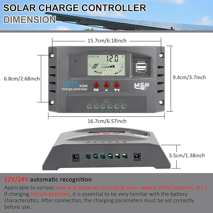 [Upgraded] 30A MPPT Solar Charger Controller 12V/24V Solar Panel Battery Intelligent Regulator with LCD Display, Dual USB Port and Timer Setting Fit for Lead-Acid Open Sealed AGM and Li Battery Grey