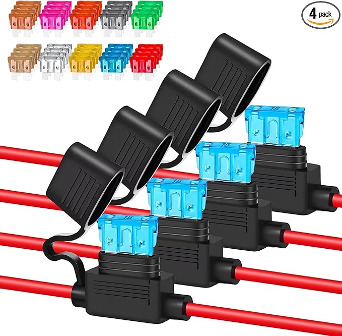 4 Pack 12AWG Inline Fuse Holder, Waterproof Heavy Duty 12V/24V Automotive Fuse Holder Kit with 40pcs Standard ATC/ATO Fuses (2A-40A), Tinned Copper Wire for Car Marine Boat Truck