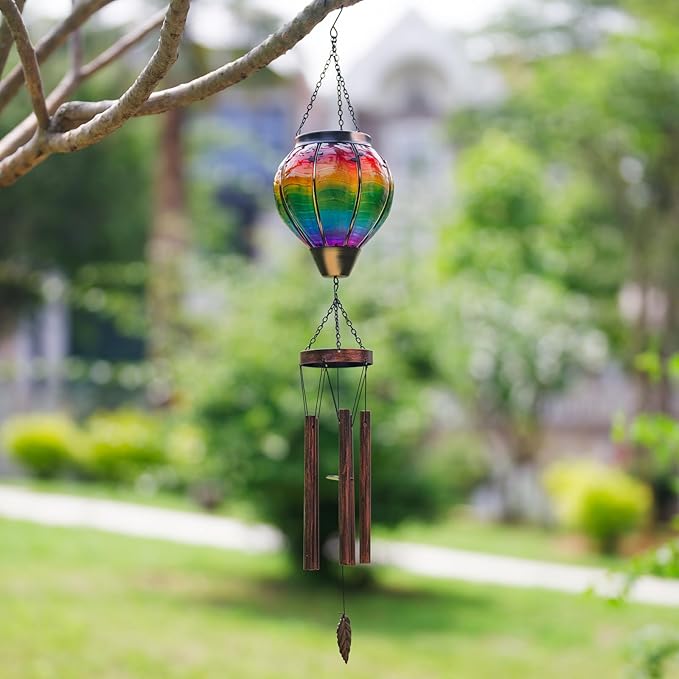 Wind Chimes for Outside Solar Wind Chimes Outdoor Hot Air Balloon Wind Chime with 5 Thicken Tubes & Hook Solars Lanterns Windchime Solar Lights Metal Windchimes for Mother Garden Yard Decor