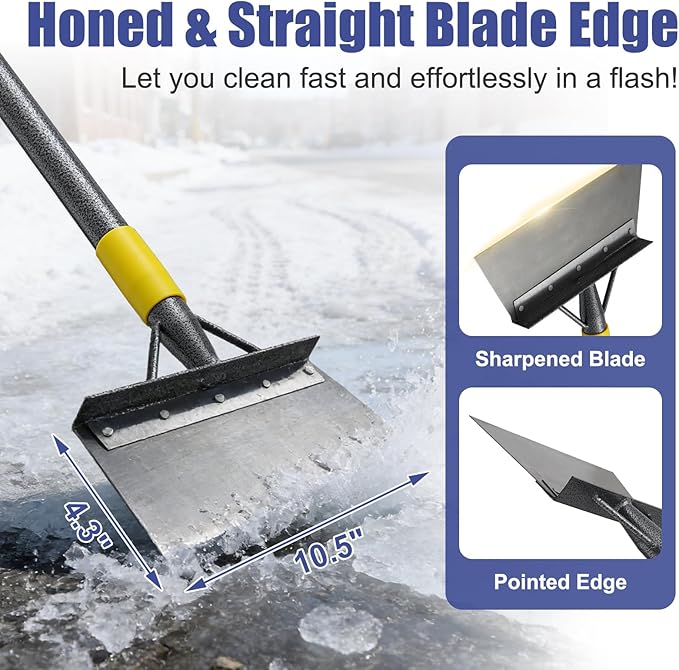 Garden Shovel: Heavy Duty Ice Scraper with Metal Flat Head, Multifunctional 60in Long Handle Floor Scraper for Breaking Removing Hard Ice on Driveway Walkway Road